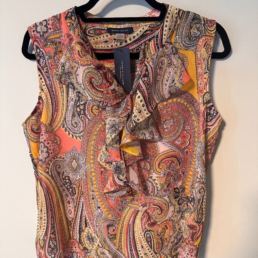 NWT Tommy Hilfiger Boho Colorful Paisley Print with Ruffle Sleeveless Top Size L